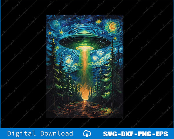Stylized UFO over a forest with a starry night sky, inspired by 'Starry Night'.