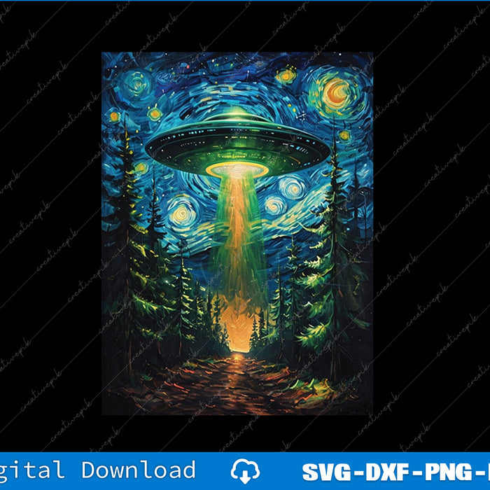 Stylized UFO over a forest with a starry night sky, inspired by 'Starry Night'.