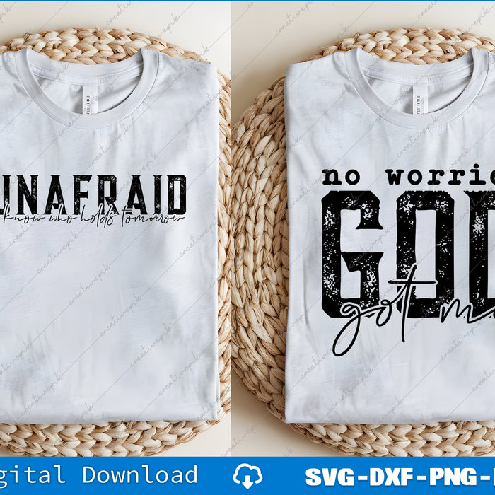 Two white t-shirts with motivational phrases on a woven mat, featuring digital download text.