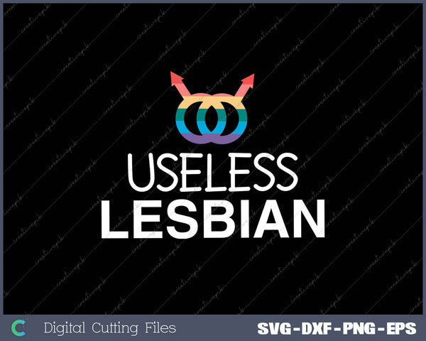 Design with rainbow symbol and text 'USELESS LESBIAN' on a black background
