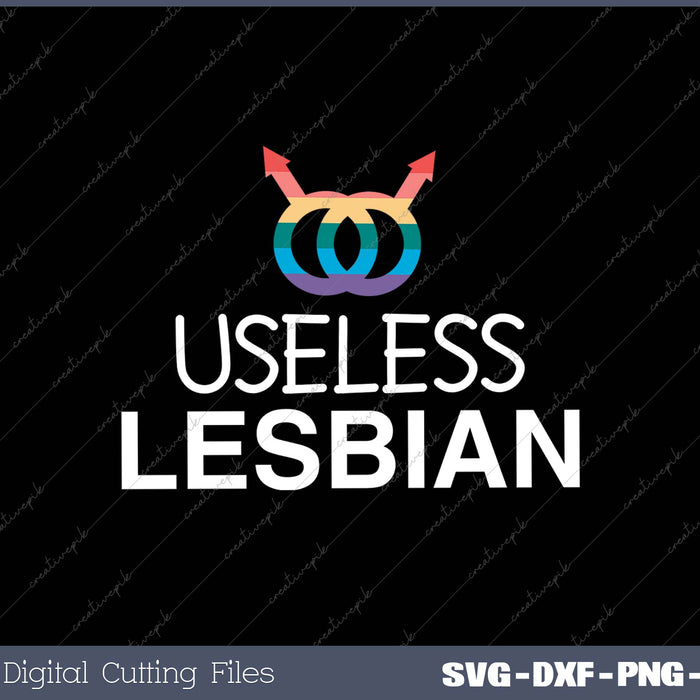 Design with rainbow symbol and text 'USELESS LESBIAN' on a black background