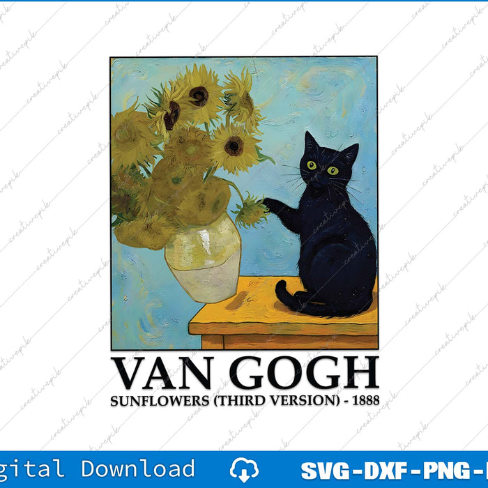 Digital artwork of a black cat with sunflowers inspired by Van Gogh, featuring the Van Gogh logo and file formats.