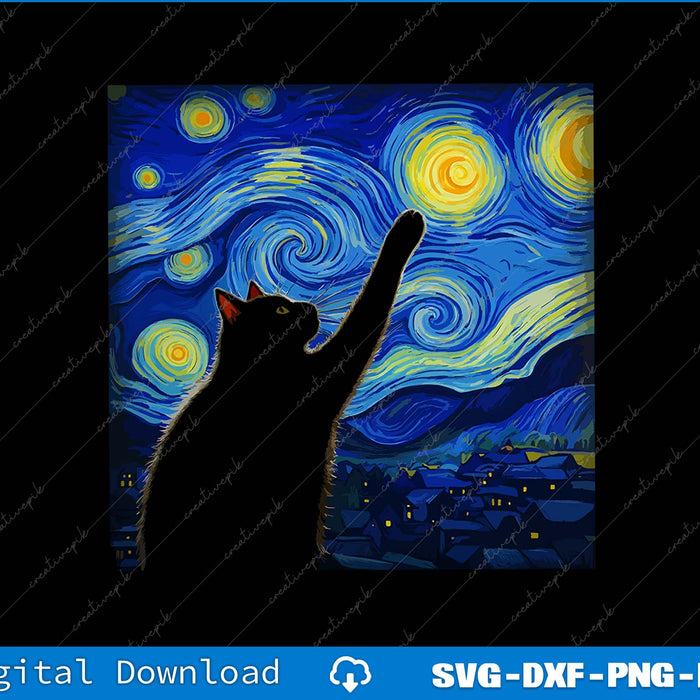 Cat silhouette reaching towards a stylized starry night sky with swirling patterns.