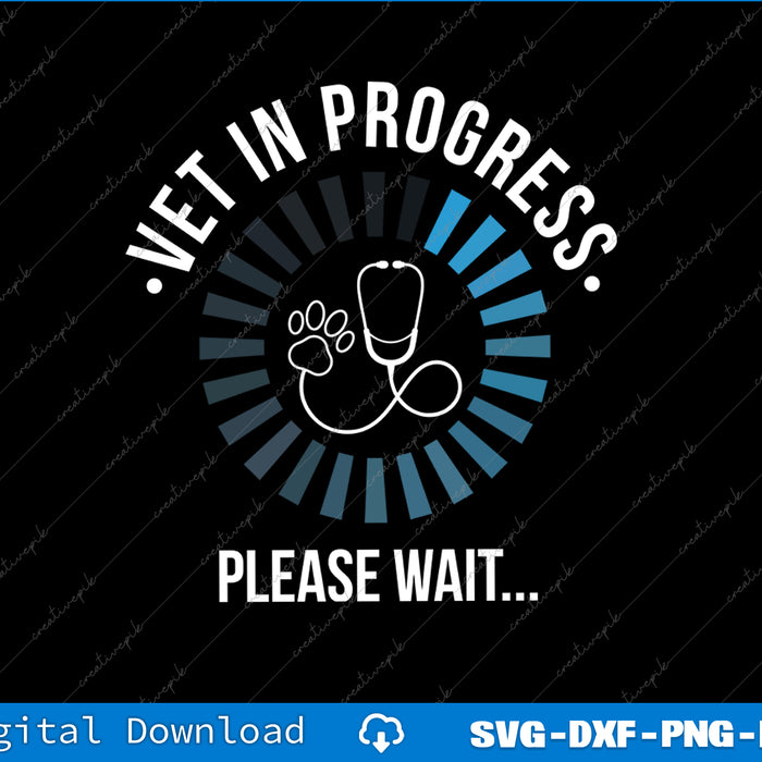 Design with 'Vet in Progress. Please Wait...' text and stethoscope graphic on a black background.