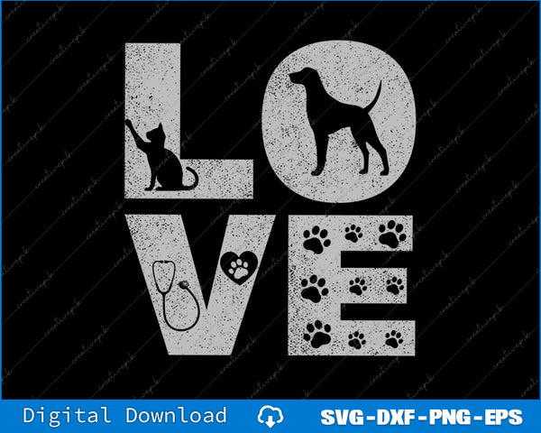 Design with 'LOVE' text featuring animal silhouettes and paw prints on a black background.