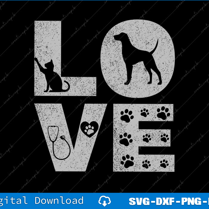 Design with 'LOVE' text featuring animal silhouettes and paw prints on a black background.