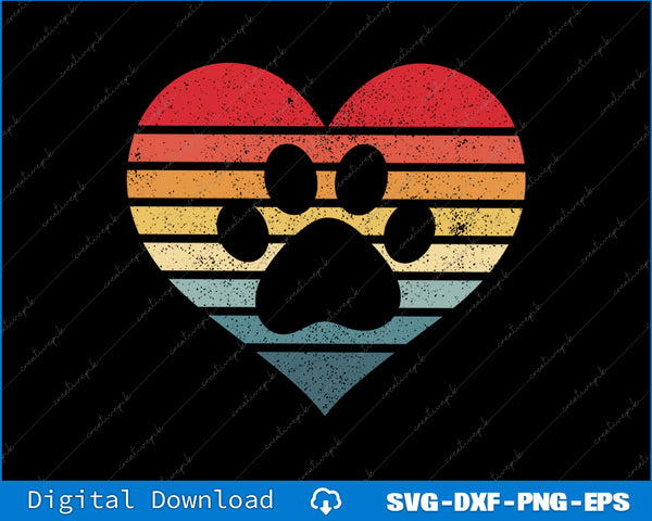 Heart-shaped design with paw prints on a black background, featuring a retro color scheme.