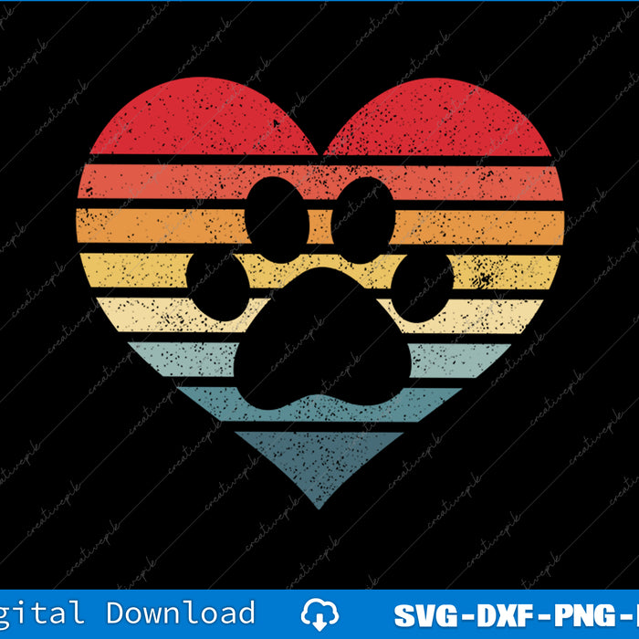 Heart-shaped design with paw prints on a black background, featuring a retro color scheme.