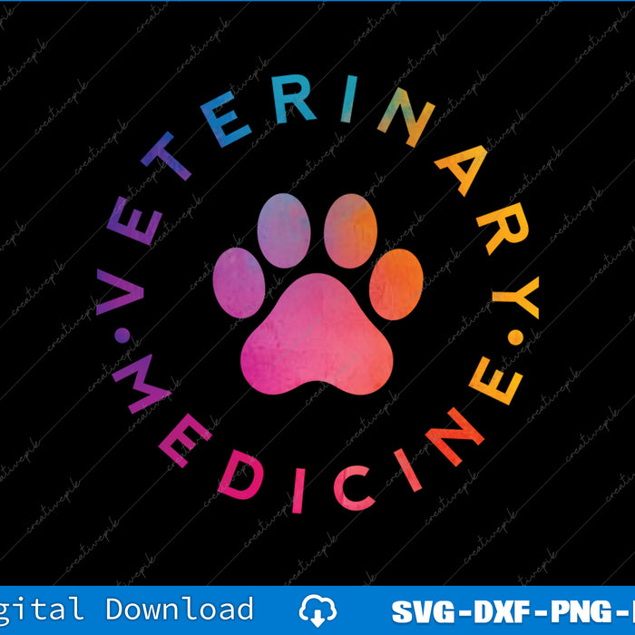 Colorful paw print with 'Veterinary Medicine' text on a black background