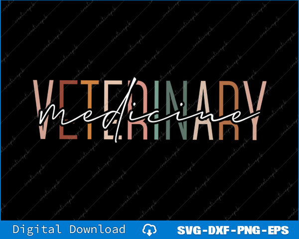 Colorful 'Veterinary Medicine' text on a black background with digital download options.