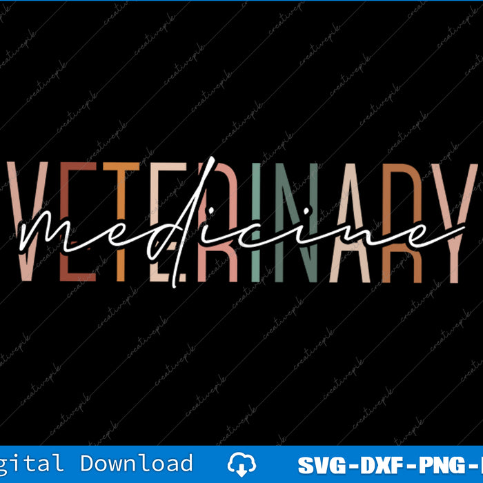 Colorful 'Veterinary Medicine' text on a black background with digital download options.