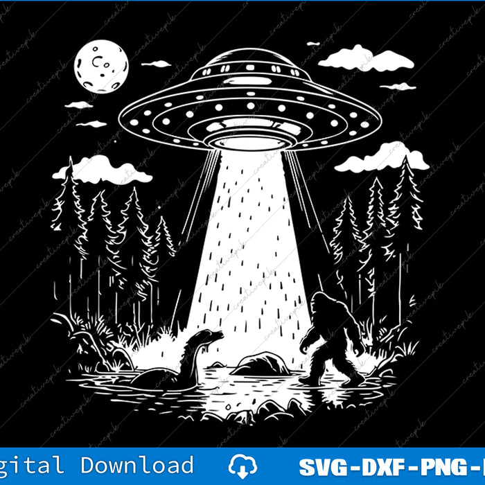 Illustration of a UFO over a forest with a bear and a creature, with 'Digital Download' text at the bottom.