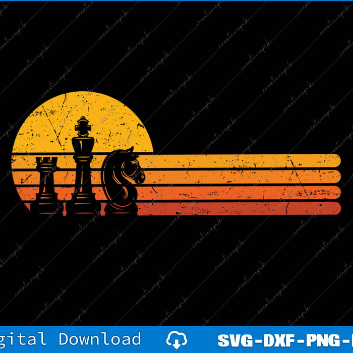 Vintage Chess Player Retro Sunset Chess Pieces SVG PNG Printable File