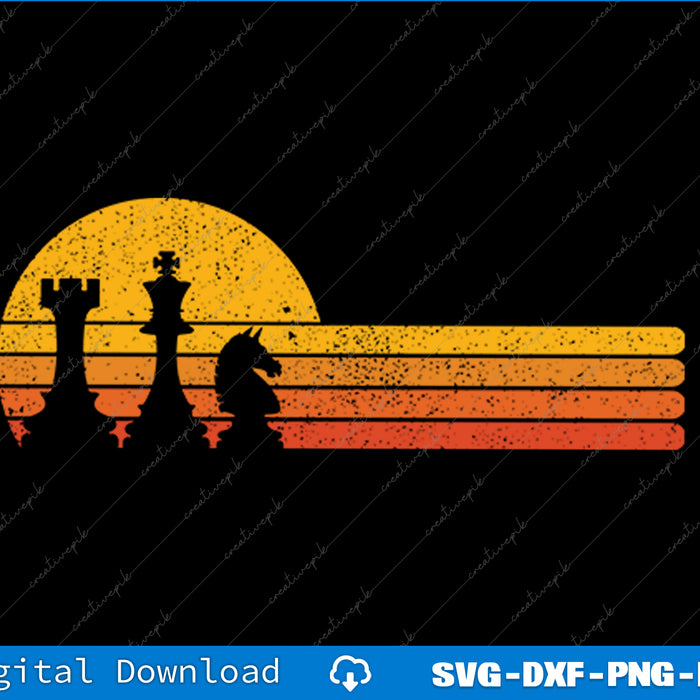 Vintage Chess Player Retro Sunset Design Chess Pieces SVG PNG Printable File