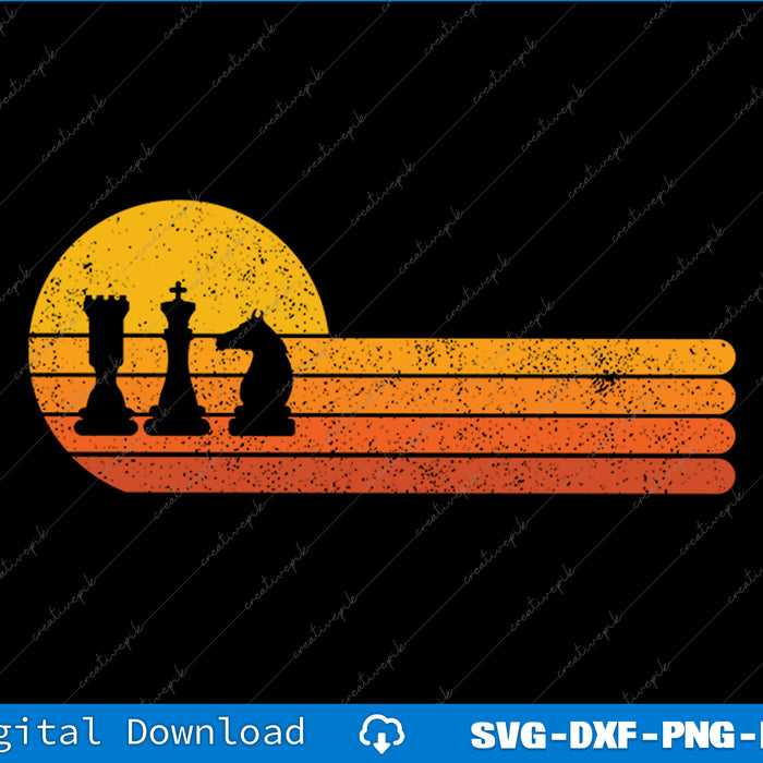 Chess pieces silhouette against a sunset background with digital download text at the bottom.