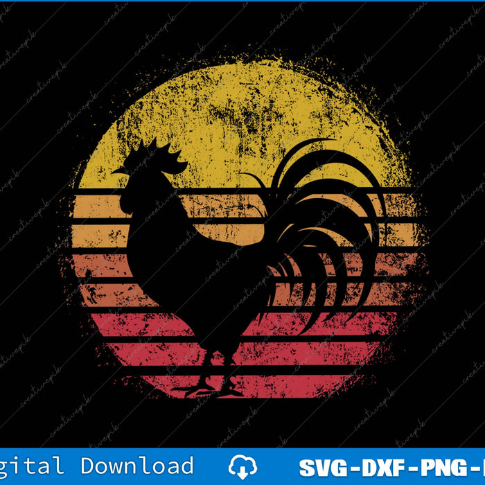 Rooster silhouette with a sunburst pattern in yellow, orange, and red on a black background.