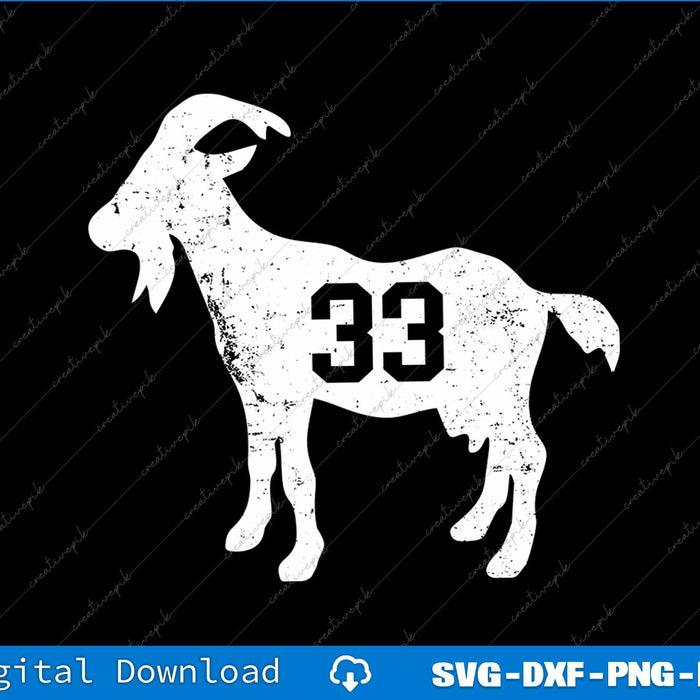 White silhouette of a goat with the number 33 on a black background, digital download options shown.