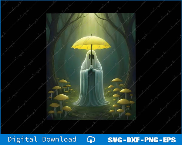 Ghost holding a yellow umbrella in a forest with mushrooms, digital download available.