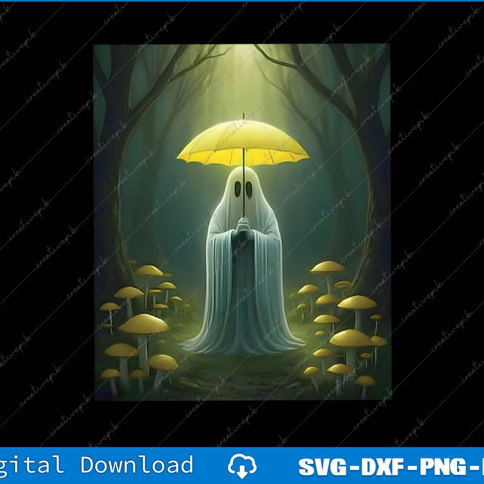 Ghost holding a yellow umbrella in a forest with mushrooms, digital download available.