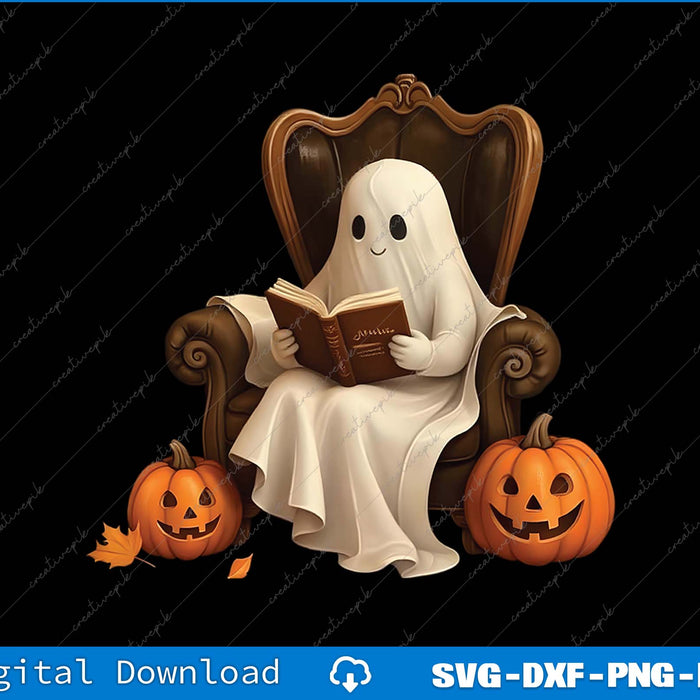 Ghost reading a book on a throne with pumpkins, suitable for Halloween-themed digital download.