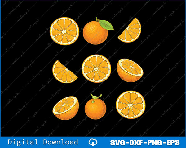 Illustrations of oranges and orange slices on a black background with a digital download banner at the bottom.