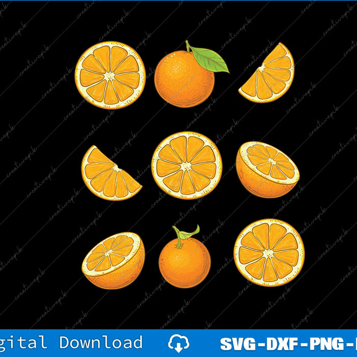 Illustrations of oranges and orange slices on a black background with a digital download banner at the bottom.