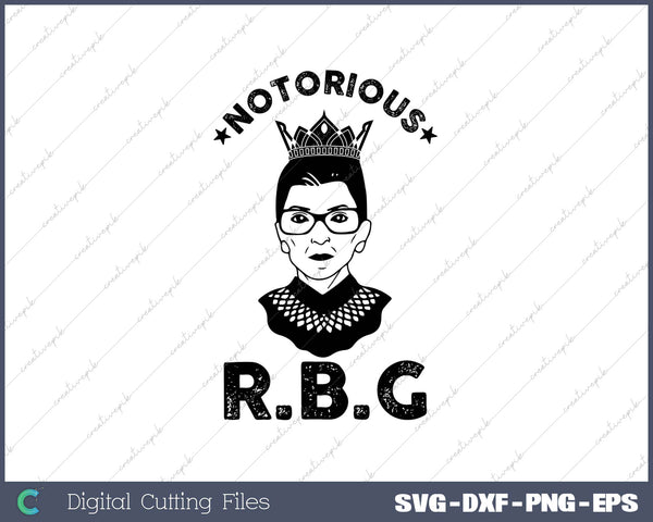 Stylized illustration of a woman with a crown and 'Notorious R.B.G.' text on a white background.