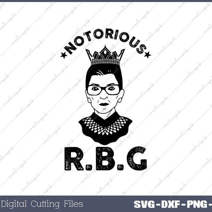Stylized illustration of a woman with a crown and 'Notorious R.B.G.' text on a white background.