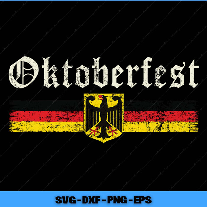 Oktoberfest design with German flag colors and coat of arms on a black background.