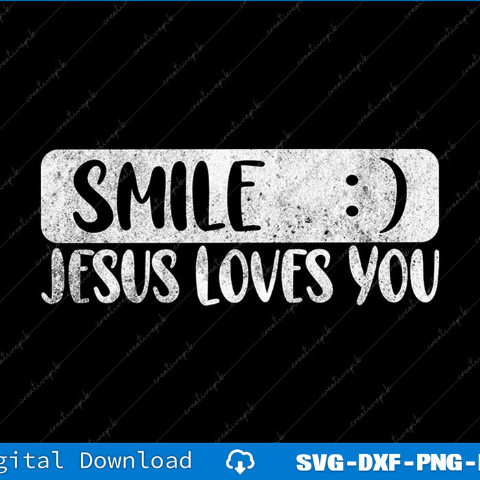Motivational quote 'Smile : ) Jesus loves you' with decorative elements on a black background.