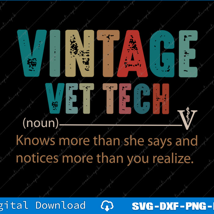 Vintage Vet Tech definition graphic with colorful text on a black background