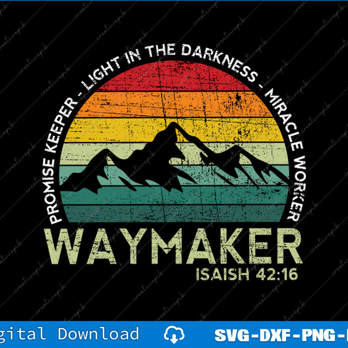 Vintage-style graphic with mountains, text, and a rainbow-like gradient on a black background.