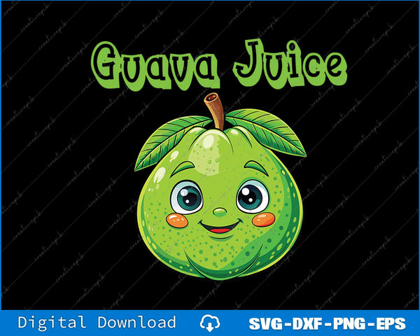 Cartoon guava with a smiling face and 'Guava Juice' text on a black background
