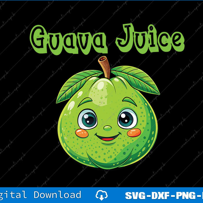 Cartoon guava with a smiling face and 'Guava Juice' text on a black background