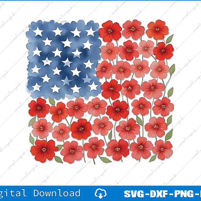 Watercolor Flower Brushstroke America Flag PNG Cutting Printable File