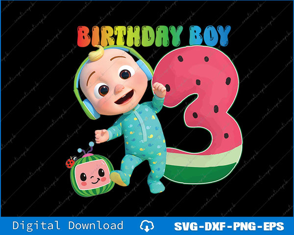 Illustration of a child in pajamas with a watermelon and 'Birthday Boy 3' text on a black background.