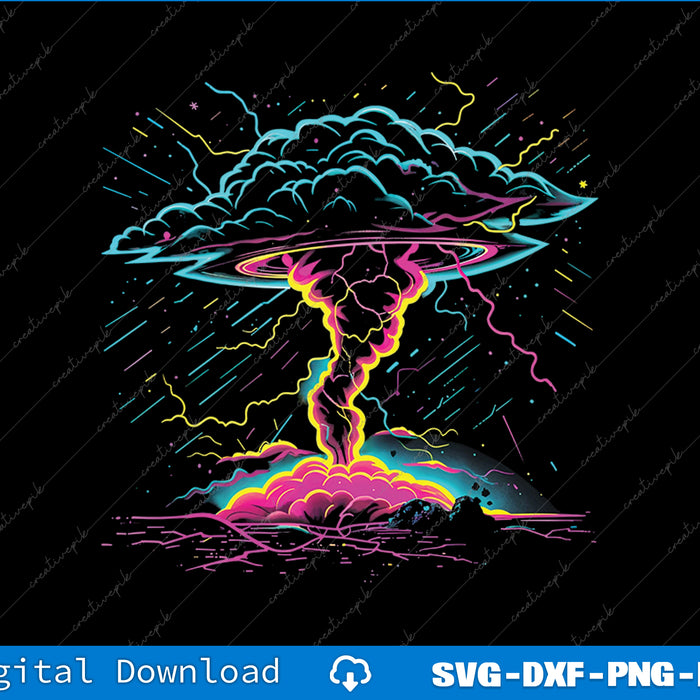 Colorful UFO design on a black background with digital download text at the bottom.
