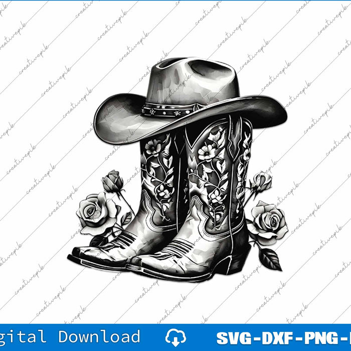 Western Flowers Cowboy Boots SVG PNG Cutting Printable Files