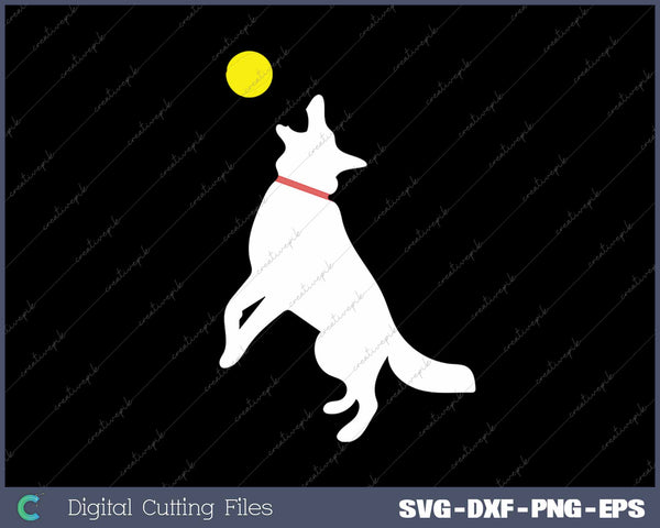 White German Shepherd Dog GSD Catching Yellow Tennis Ball SVG PNG Cutting Printable Files