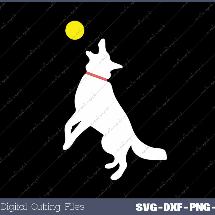 White German Shepherd Dog GSD Catching Yellow Tennis Ball SVG PNG Cutting Printable Files