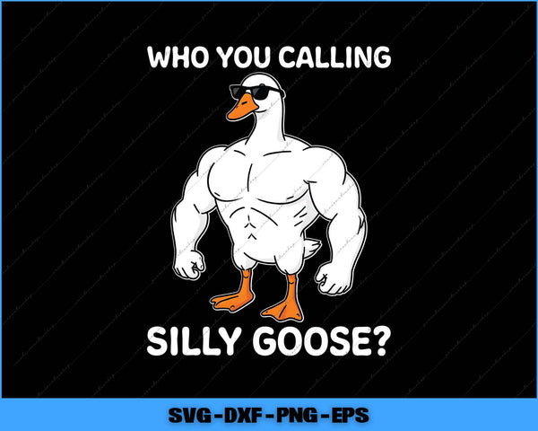 Muscular cartoon goose with sunglasses on a black background, text 'WHO YOU CALLING SILLY GOOSE?'