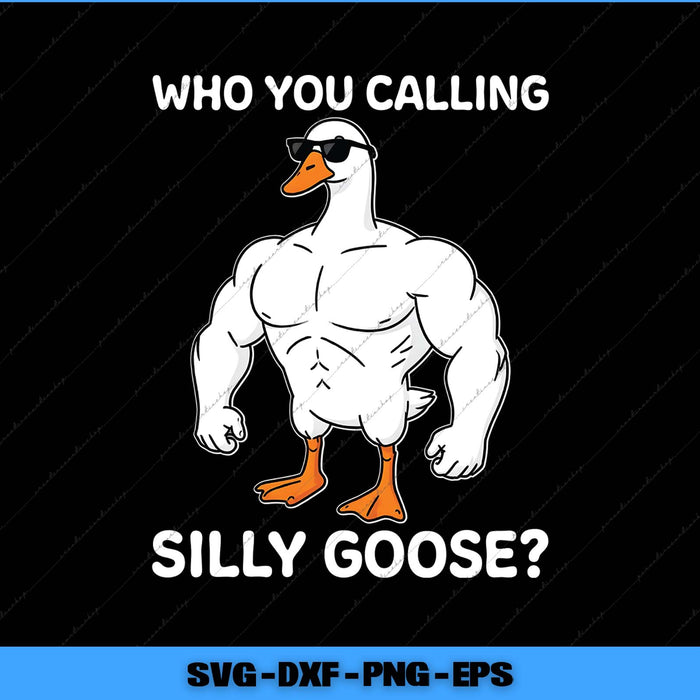 Muscular cartoon goose with sunglasses on a black background, text 'WHO YOU CALLING SILLY GOOSE?'