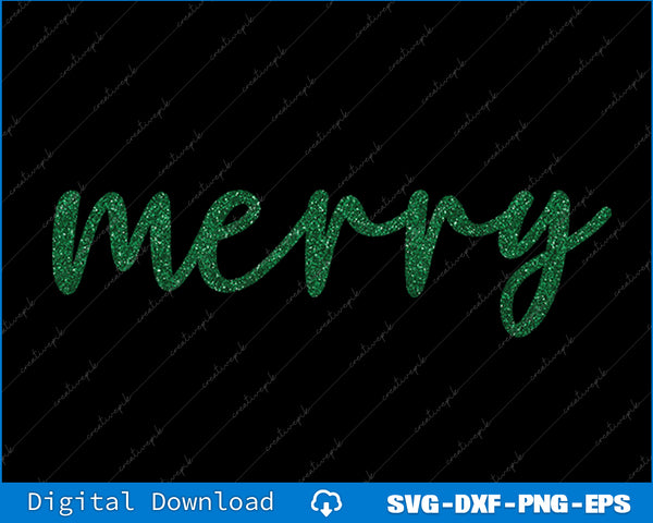 Green glittery 'merry' text on a black background with digital download options.