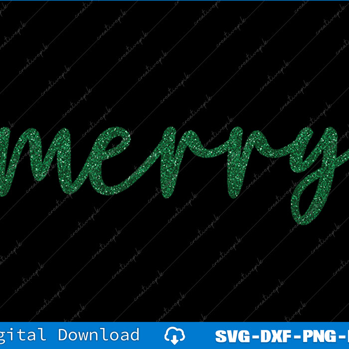 Green glittery 'merry' text on a black background with digital download options.