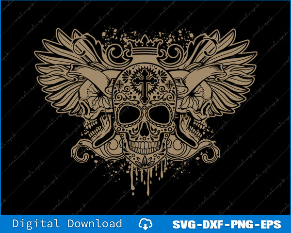 Decorative skull design with wings and cross on a black background, suitable for digital download.