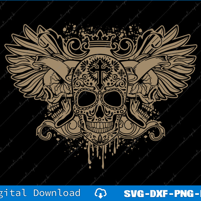 Decorative skull design with wings and cross on a black background, suitable for digital download.