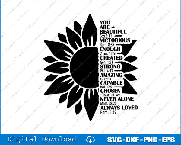 Black sunflower design with motivational text on a white background