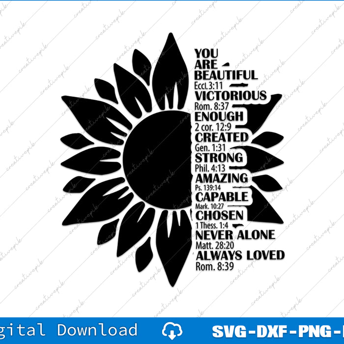 Black sunflower design with motivational text on a white background