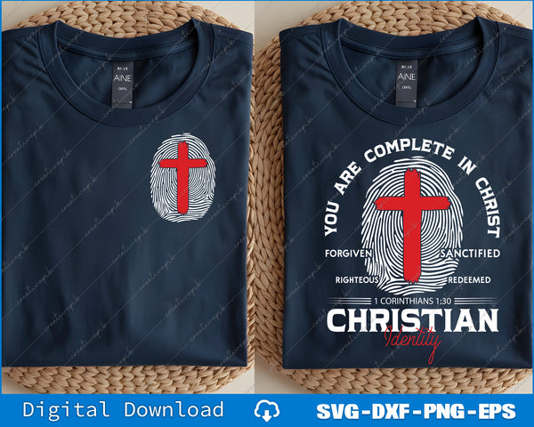 Two navy blue t-shirts with religious designs on a woven surface.